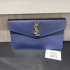 Pre-owned Yves Saint Laurent Blue Charron Grain de Poudre Calfskin Leather Clutches & Wristlets YSL Saint Laurent Uptown Pouch in Blue Charron grain de poudre calfskin leather