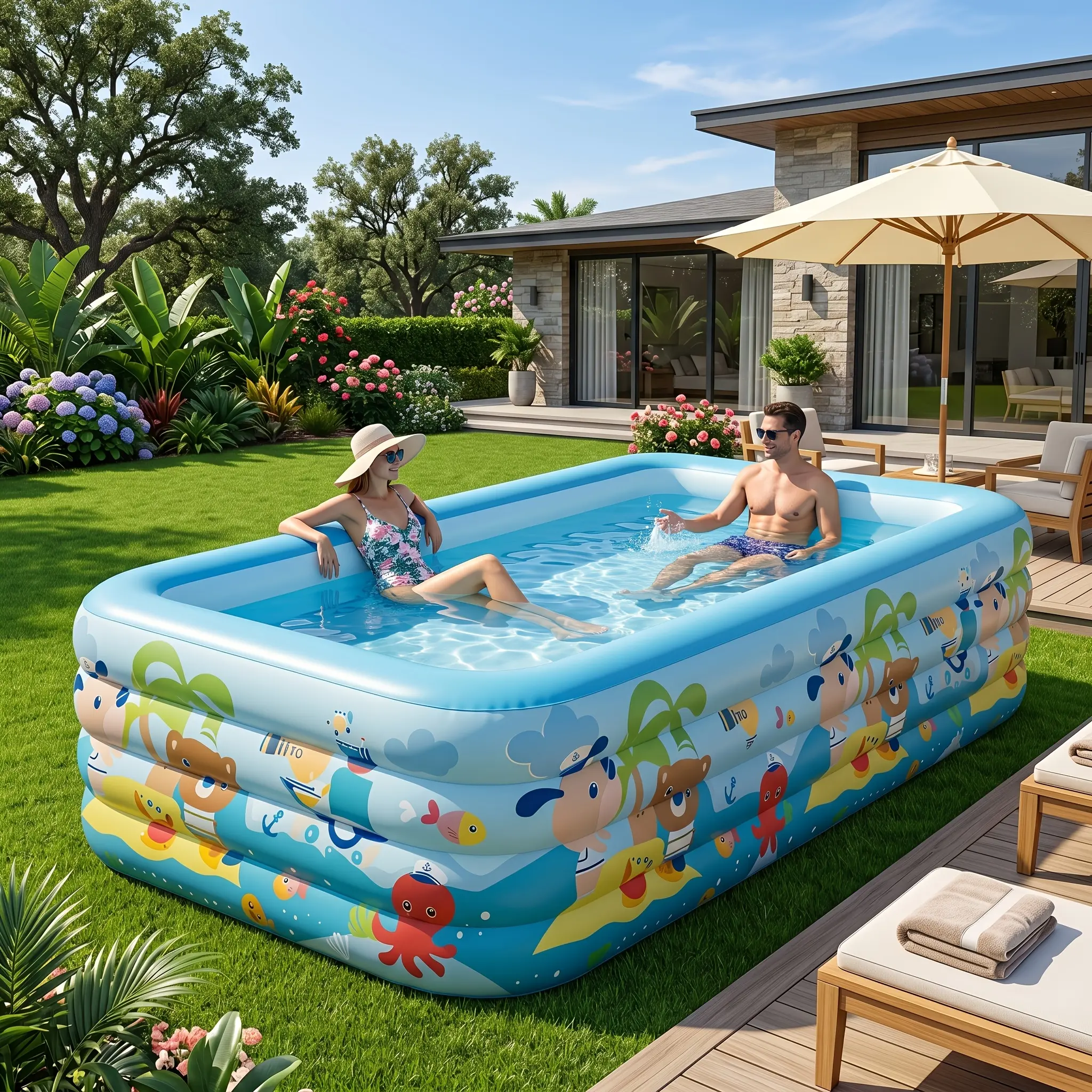 Extra Large Rectangular Thick PVC Portable Swimming Pool (118.1×68.9×21.7in) – Thick PVC Durability, Easy Setup, Wear-Resistant, Leak-Proof for Home Backyards, Summer Family Water Fun (S7326607714)