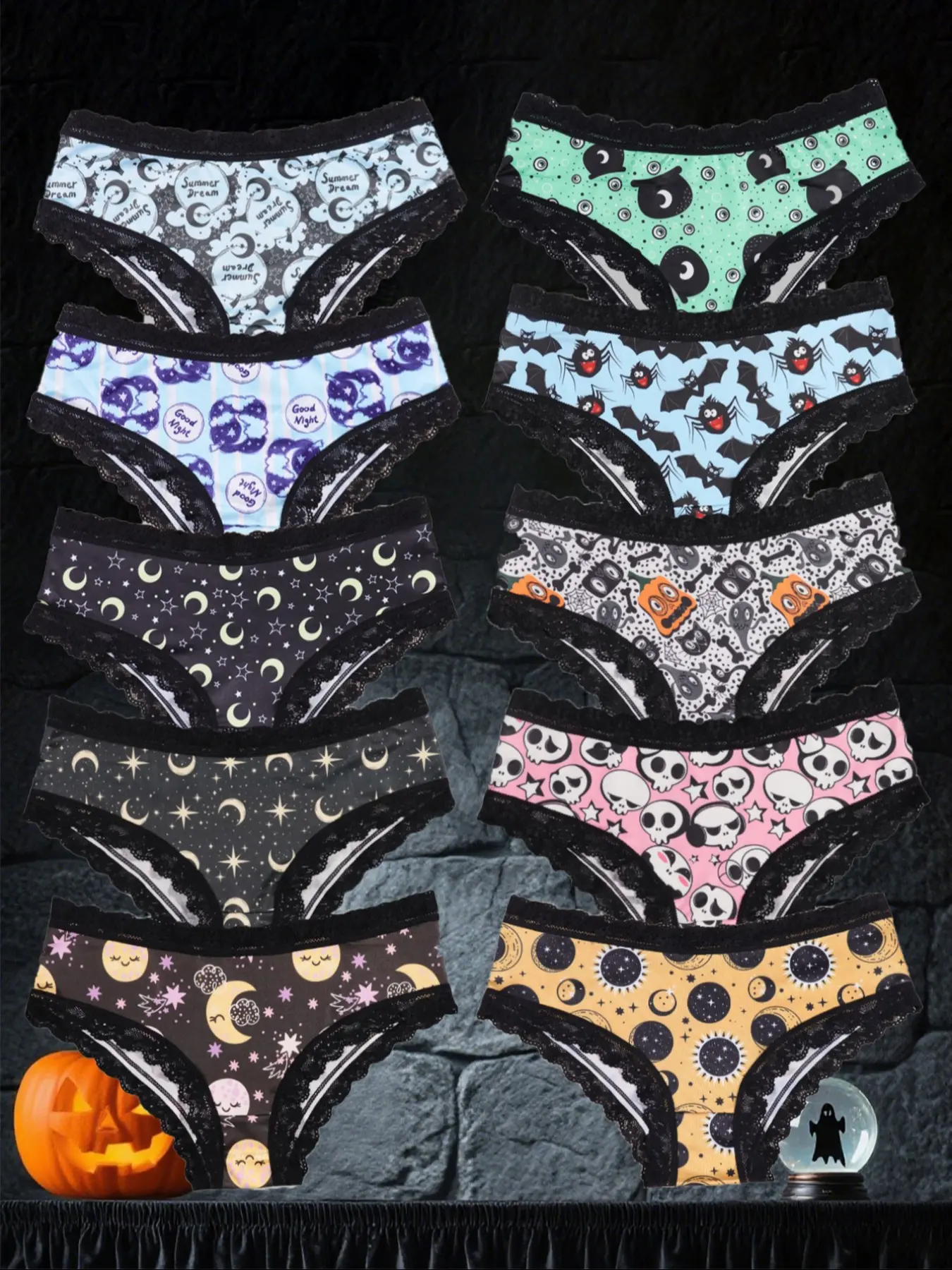 Morvia 10pcs Sexy Cute Gothic Halloween Contrast Lace Hipster Panties, Allover Print Comfy Intimates Briefs Panties, Women's Underwear & Lingerie, Soft Comfy Panties, Casual Soft Panties, Fashion Comfy Underwear