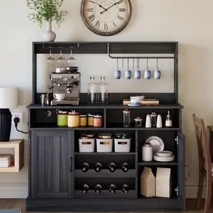 Garvee 47" Farmhouse Coffee Bar Cabinet with Storage, Buffet Cabinet with Goblet Holder, 5 Hooks, Power Outlets, Sideboard Cabinet Coffee Bar Table with Adjustable Shelves for Kitchen and Living Room in Grey