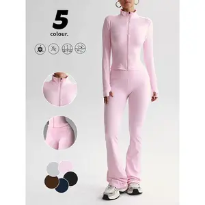 Women's Solid Color Zipper Jacket & Pocket Flare Pants Set, Yoga Clothes Set, Perfect for Yoga Gym Outdoor Sports, Comfortable Breathable Autumn Winter