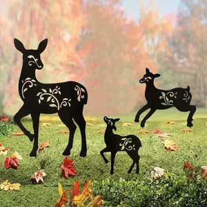 Outdoor Deer Stakes, Set of 3 Metal Deer Garden Decor for Outside, Black Silhouette Yard Art(Deer Black)