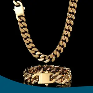 14MM thick 18K Gold Plated Cuban Chain Necklace Bracelet Chunky Miami Hip Hop Neck Chains for Men Boys