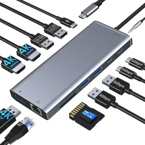 USB C Docking Station Dual  HDMI for  , Laptop Docking Station 3 Monitors Triple Display USB C Hub Dock to 2 HDMI 4K,DP,Ethernet,6 USB,PD,SD/TF, Audio, USB C Adapter 14 in 1 for