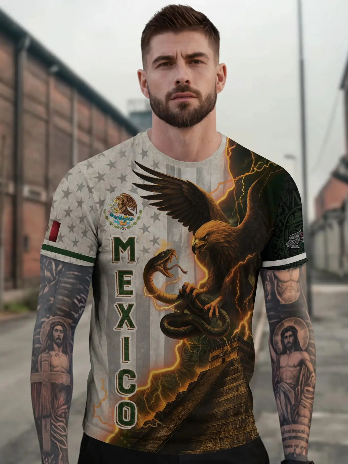 Mexican Eagle Lighting Aztec Pyramid Cultural Heritage Pride Shirt, Menswear Fitted Cut Long Sleeve Top, Casual Round neck, Sporty Style for All Seasons, Ethnic Pattern Design, Aesthetic Clothes