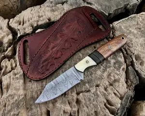 Handmade Damascus Hunting Knife 8" Cowboy Bull Cutter Bushcraft Camping Knife w Leather Cross Draw Sheath Glow Resin Rosewood Handle