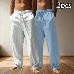 Men’s 2-Pack Casual Fashion Versatile Solid Color Simple Drawstring Pants — Breathable Loose-Fit Casual Trousers with a Drawstring Waistband, Suitable for Beach, Outdoor Activities, and Everyday Wear — Comfortable Summer Leisurewear