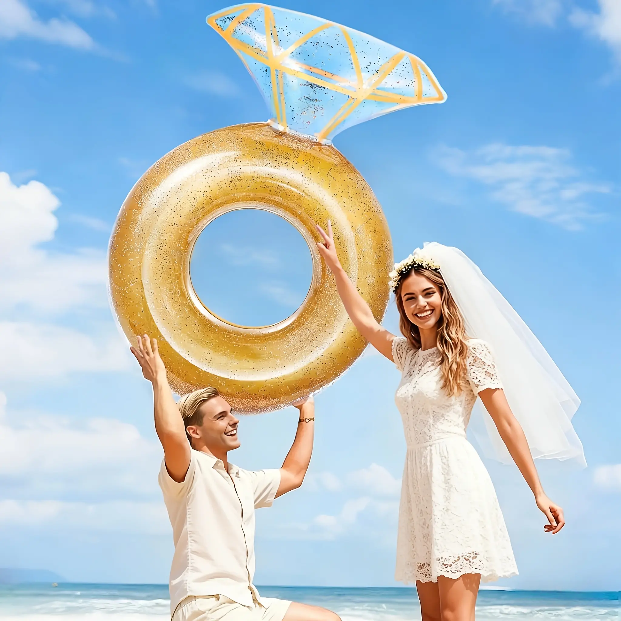 Swimming Pool Float Ring – Inflatable Engagement Ring-Shaped Float – Large Party Lounger, Swim Ring, and Fun Raft for Rivers, Lakes, Weddings, and Bachelorette Parties – Suitable for Adults – Gold Edition