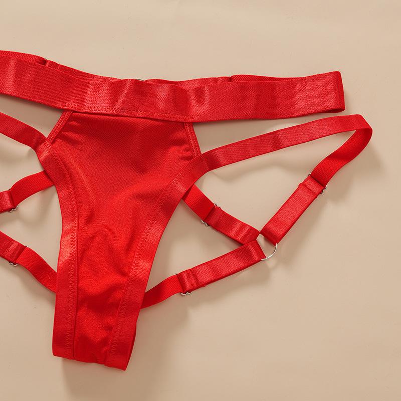 Women's Red & Black Satin Lingerie Set , Chain Detail Harness Bustier with Crisscross Garter Straps, Sexy 2 Piece Lingerie for Valentine's Day/Anniversary/Honeymoon, Hot Selling Lingerie for Women, Sneaky Lingerie for Bedroom plus Pu Leather Strappy Belt