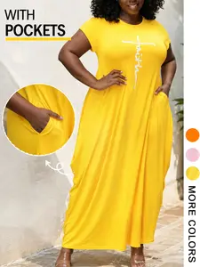 Plus Size Letter Print Long Dress, Women's Casual Short Sleeve Loose Fit T-Shirt Dress with Pockets, Summer Street Fashion