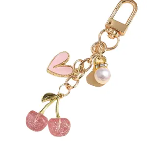 Cherry Keychain, Gold Key Ring Chain with Heart Pendant Aesthetic Cute Cherry Charm Women Keyring Accessories for Bags, Wallets Purses Car Keys Chain (Gold, Transparent Pink)