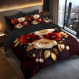 3pcs Bedding Set Gold Leaf Rose Design, Soft Polyester Flannel Printed Duvet Cover Set, Includes 1 Fitted Sheet & 2 Pillowcases