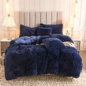Faux Fur Velvet Fluffy Duvet Cover Down Comforter Quilt Cover with Pillow Shams, Ultra Warm (Queen, Navy)
