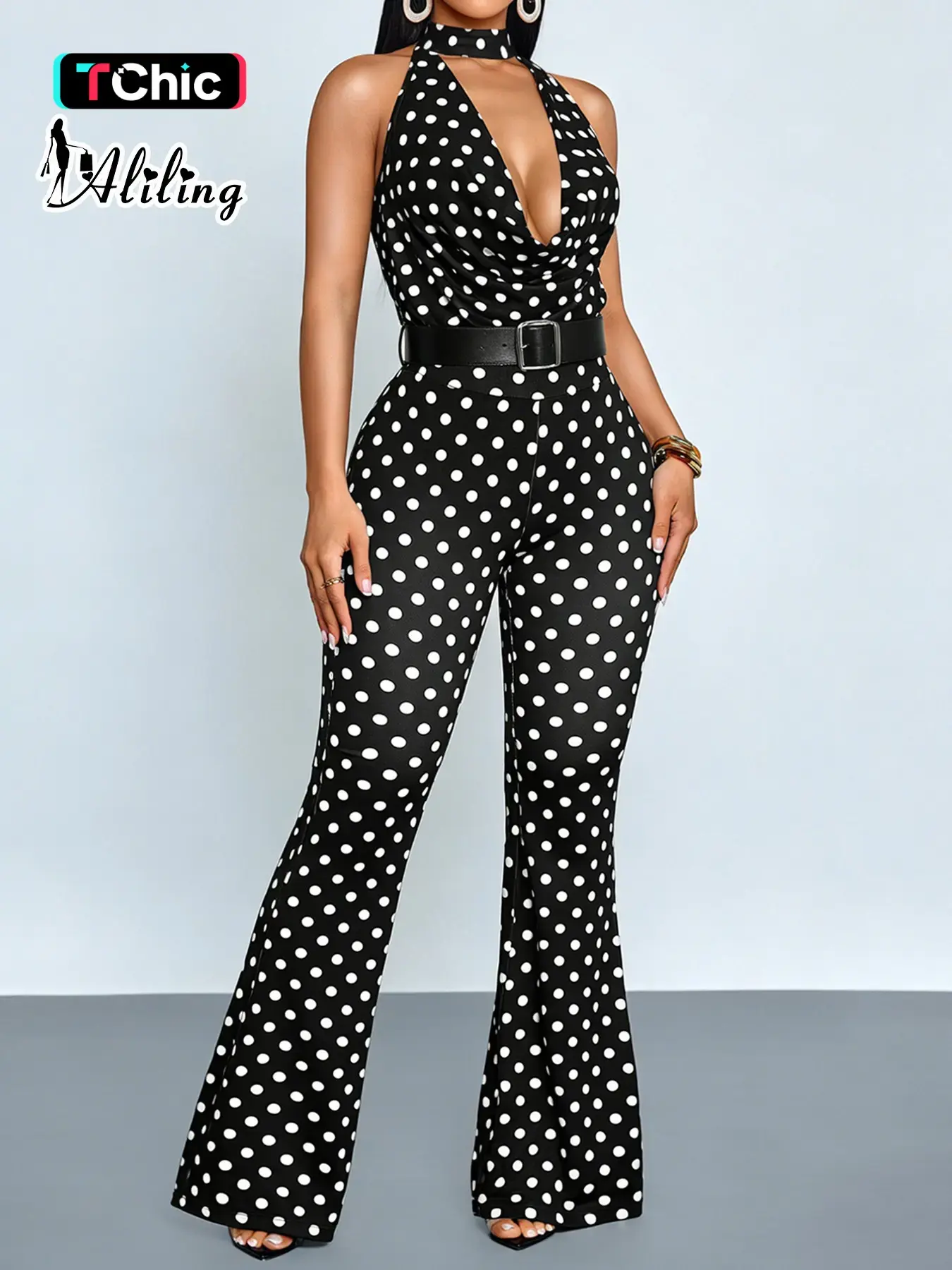 Two-Piece Summer Casual Sexy Women's Polka Dot Knit Long Pants Set, Deep V Neck Top with High Waist Fitted Bell Bottoms, Fashionable Style Summer Casual Outings & Daily Commuting Stylish & Sexy Summer Women's Pant Suit, Womenswear (Belt Not Included)