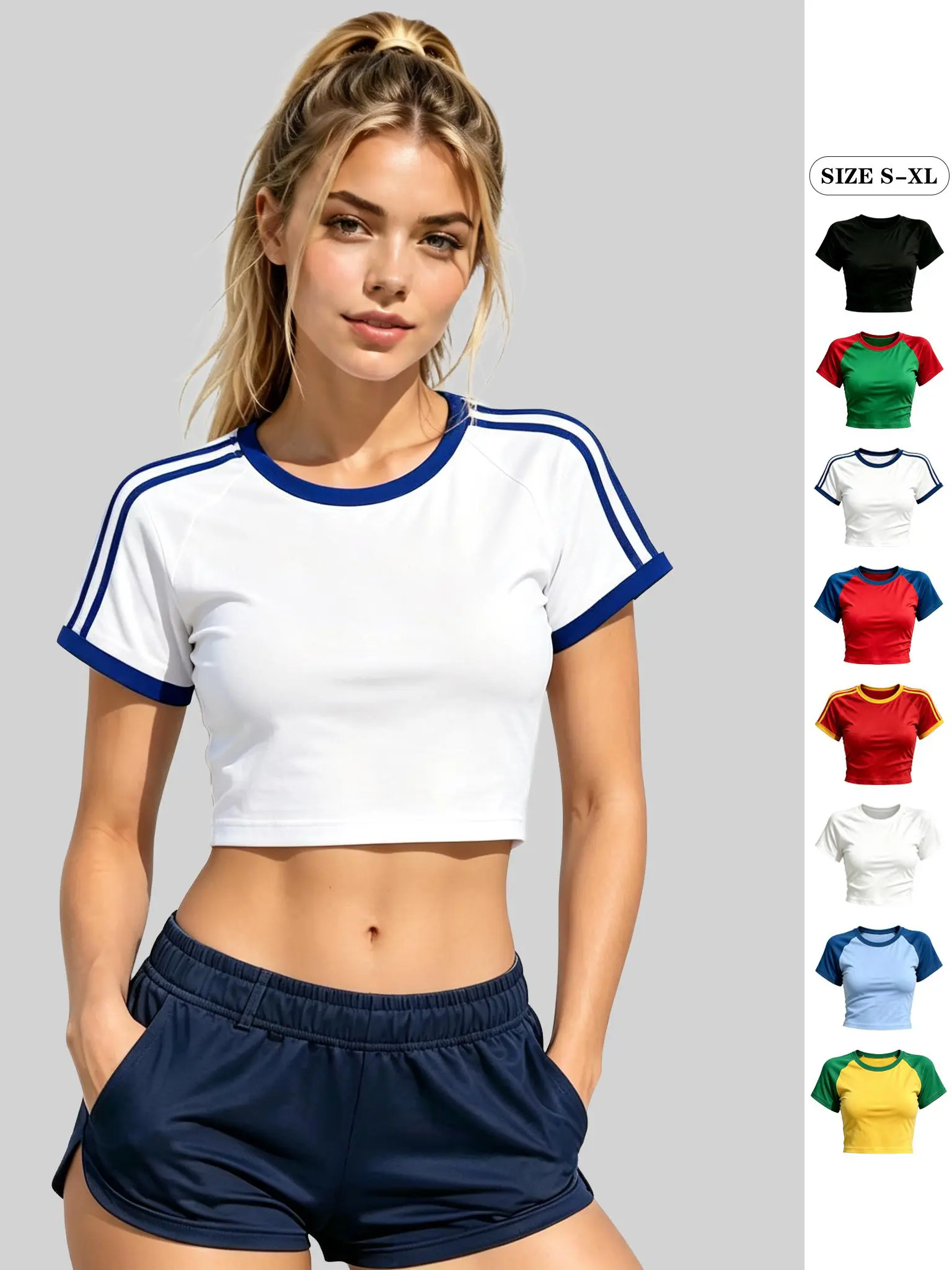 Women's Retro Athletic Cut Crop Tees - Sporty Chic, Raglan Short Sleeves, Waist-Hugging Close-Fitting, Soft Stretchy Basic Tops for Daily Casual, Summer Minimalist Outfits