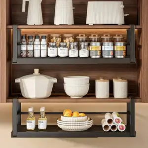 Expandable Carbon Steel Cabinet Shelf, Kitchen Storage Organizer, Hanging Rack for Cabinets Bottom, Holds Spices & More