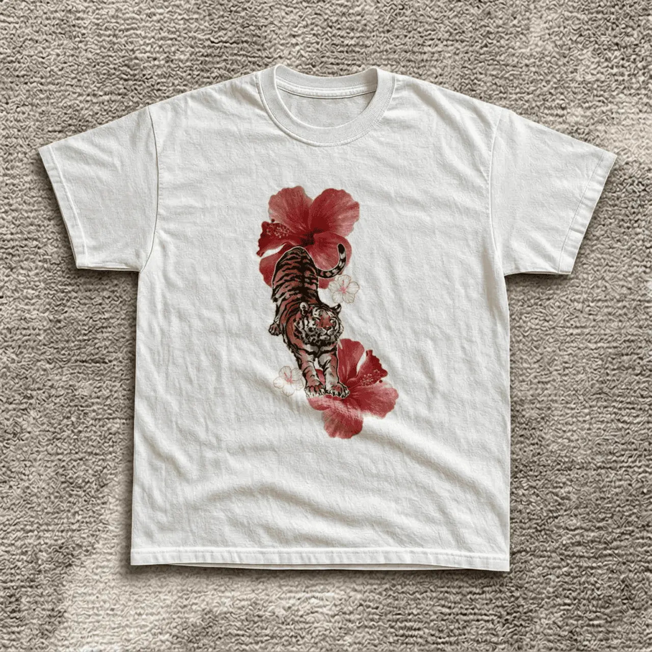 Tiger Hibiscus Botanical Tee - Tattoo Print White Shirt