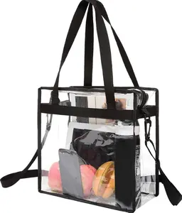 Clear Stadium Approved Tote Bag 12x6x12 with Adjustable Strap, Transparent Crossbody Shoulder Bag with Zipper for Concerts, Sports Events, Travel & Work