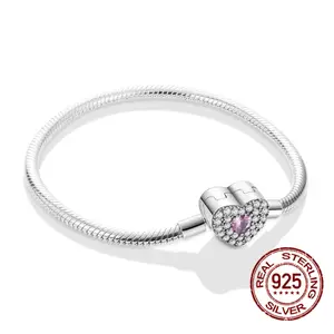 MULA 925 Sterling Silver "Eternal Heart" bracelet | Diamond-studded heart-shaped pendant | Classic snake bone chain design | Infinite love and romantic gift | Compatible with Pandora beads