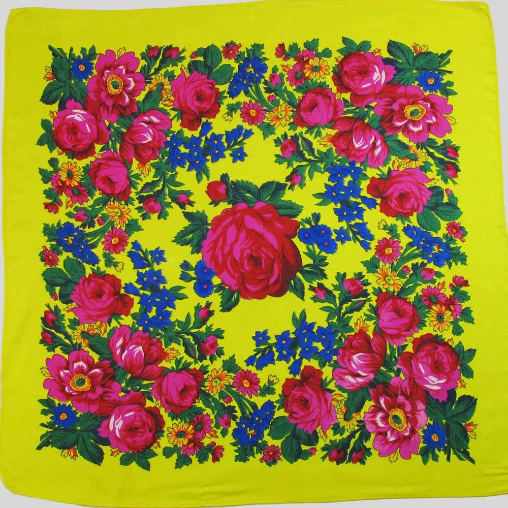 Lightweight Floral Acrylic Scarf for Powwow Dancewear, Bright Yellow Regalia Accent, 30” x 30”, Cool Iron Safe for Everyday Styling, Scarf Style, Floral Roses, Flowing Feel, Regalia Accents, Square Scarf, Dance Wear