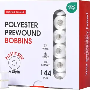 Richword Selected Prewound Bobbins 144pcs (Class 15) Size A Plastic Sided, 70D/2(60WT) Polyester Bobbin Thread for Single Needle Embroidery and Sewing Machine, White 130 Yards