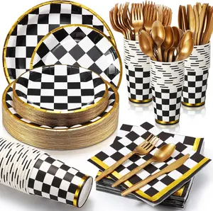Tioncy 200 Pcs Black and White Checkered Party Supplies Serve 25 Disposable Tableware Set Plates Forks Napkins Cups Knives Spoons for Racing Car Birthday Wedding Party(Racing Checkered)
