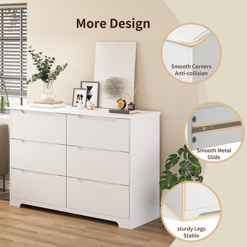 Gizoon 6 Drawer Double Dresser for Bedroom with Anti-Tip Design Modern Wide Wooden Chest of Drawers with Cut-Out Handles Closet Storage Organizer and TV Stand for Living Room Hallway Entryway Girl Apartment Furniture Space-Saving