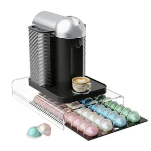 Drawer Holds 40 Capsules, Acrylic Coffee Pod Organizer, Clear Acrylic Capsule Organizer with Sliding Drawer, Countertop Coffee Pod Storage, No Assembly Needed