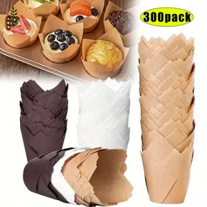 200 Pcs Tulip Cupcake Liners, Muffin Liners for Baking Parchment Paper Cups Cupcake Wrappers – Perfect Size, Sturdy, Greaseproof & Easy to Use – Beige White Brown Bakeware