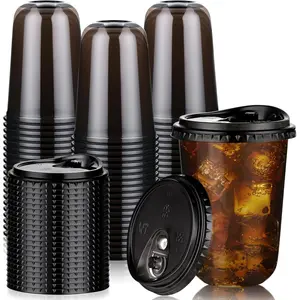 50 Pack 16oz Black Plastic Cups with Lids, Disposable Round Bottom Stemless Glasses with Sip Lids, To Go Iced Coffee Drinking Cups for Halloween Party Wedding Catering Events