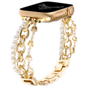 Pearl Beaded Bracelet Band Compatible with Apple Watch 38mm 40mm 41mm 42mm 44mm 45mm 49mm for Women,Fashion Handmade Bracelet Elegant Wristband Cute Jewelry Strap for iWatch Series SE 9 8 7 6 5 4 3 Ultra