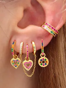 6 Pcs Lovely 24K Gold Plated Cubic Zirconia Multicolor Cuffs Earrings Set For Women Colorful Zircon Chain Hoop Earrings Pack Heart Drop Dangle Earrings Stack Fashion Jewelry Gift Heart Design Earrings