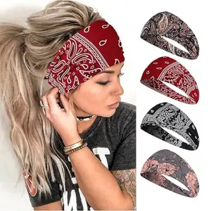4pcs Women's Bohemian Style Wide Headbands - Soft, Breathable Elastic Hair Bands with Vintage Paisley Print for Yoga, Running & Fitness