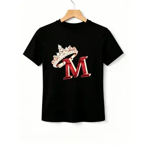 Women's Red "M" Letter Crown Diamond Graphic Tee, Crew Neck Polyester Casual Spring Fall Top