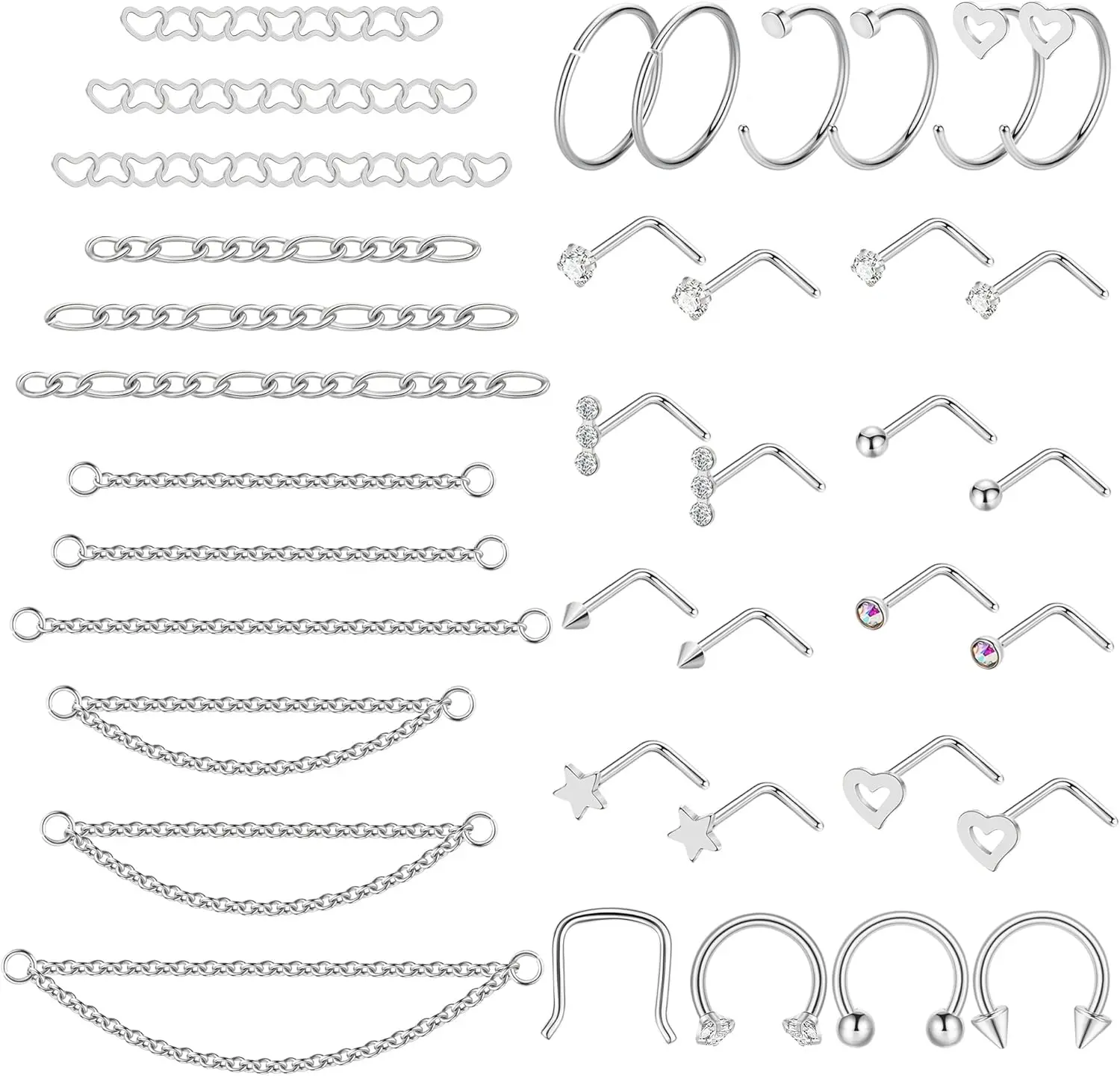 38 count 316L Stainless Steel Nose Ring for Women Men Heart Nose Stud Chain Double Nose Chain Piercing Across Nose CZ Nose Piercing Stud Nostril
