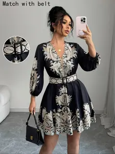 Women's elegant dress, ethnic print/retro Baroque style, V-neck X-shaped waist cinched A-line short dress, women's retro print long sleeved waist cinching dress, suitable for theme parties, retro style gatherings/ball dresses/Easter costumes (with belt)