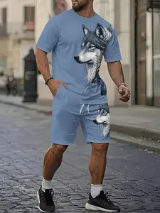 Icefield Grey Wolf Full-Print 3D Digital Printing Two-Piece Set, 2Pcs, Vacation-style Outfit, Workout Sets, Breathable Sports and Casual Style, Perfect Holiday Gift for Men, Fitted Clothes, Menswear, Summer Sportswear