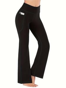 【plus size】 plain pocket flare leg sports tummy control leggings, sporty high stretch bell bottom leggings for yoga gym fitness, compression pants, ladies sportswear bottoms, yoga pants, women workout clothes, stretchy high waist, gym yoga clothing