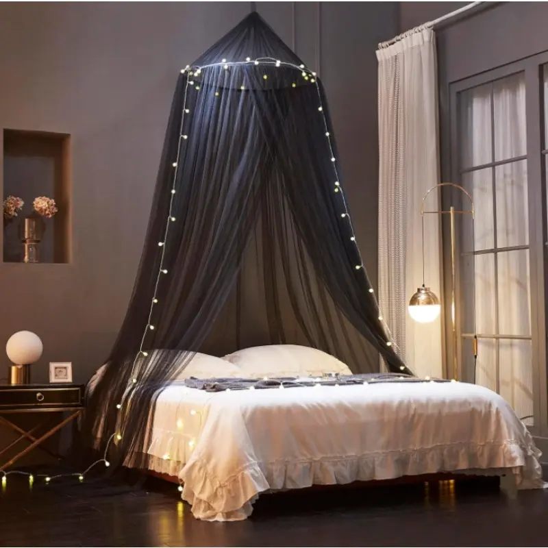 Eco-Friendly Black Mosquito Net for Bed with Light Strips - Foldable Home Care Bedroom Dust Cover, Night Fluorescent Bed Curtain, No Installation Required, Bedroom Use