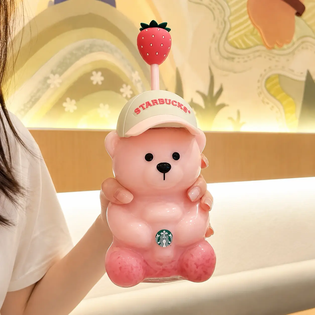 Authentic STARBUCKS Pink Bearista Glass Cold Cup 20oz, 2026 Limited Edition Strawberry Bear Cup, Pink Bear Glass Tumbler with Strawberry Straw Topper