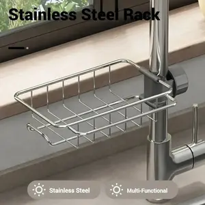 Kitchen Sink Caddy Organizer Over Faucet Sponge Holder, Stainless Steel Heavy Duty Thickening Hanging Faucet Drain Rack for Scrubbers, Soap, Bathroom, Detachable No Suction Cup or Magnet