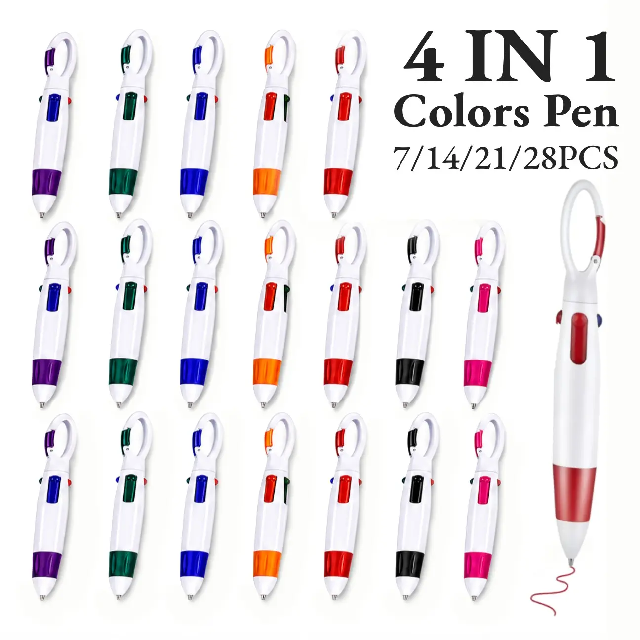 Retractable Shuttle Pen Set, 7/14/21/28pcs 4 Color Neon Ballpoint Pen, Ballpoint Pen Set, Top Multi-Color Carabiner Keychain for Office School Supplies Students Gift, Writing Stationery, Aesthetic Pens, Ballpoint Pen Gifts