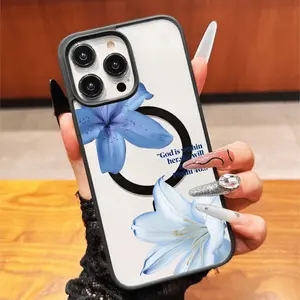 Magnetic Phone Case, Blue Peony Illustration, Durable Christmas Decoration, Thick Anti-Drop Cover for iPhone Models