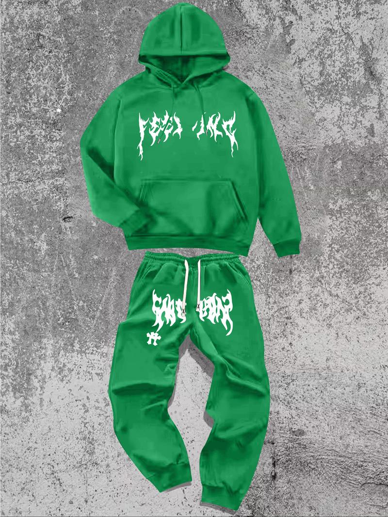 Men's Hoodie and Pants Set American Streetwear with Lightning Cross Print Stylish Casual Wear Featuring Slight Stretch and Detailed Pockets Black Trouser Longsleeves