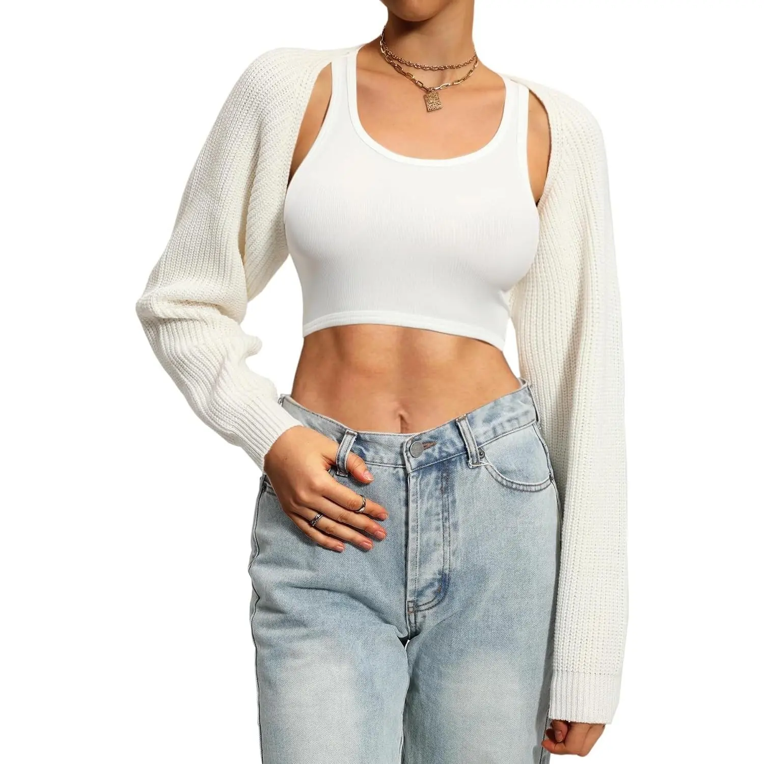 Women Knit Bolero Shoulder Shrug Sweater Cropped Cardigan | Open Front Long Sleeve Cardigan, Y2K Shoulder Cover Up Top, Arm Sweater, Knitted Bolero Sweater