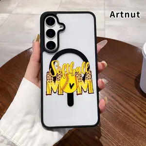 Softball Mom Love Pattern Magnetic Phone Case Compatible with Samsung Galaxy S23 Ultra S24 Plus S25 S22+ FE Anti-Yellowing Shockproof Lightweight Transparent Acrylic Soft Cover Supports Wireless Charging.