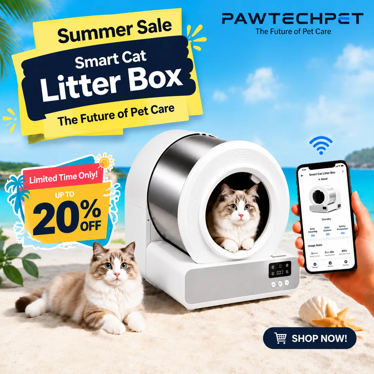 [ Summer Sale] Pawtech Stainless steel Smart Low-Noise Auto-Cleaning Cat Litter Box (60L) - 2.4G WiFi APP-Controlled, Equipped with Smart Sensors, Safety Protection, Easy Maintenance #CatLitterBox#SmartLitterBox#CatLovers#TikTokShop Summer Sale