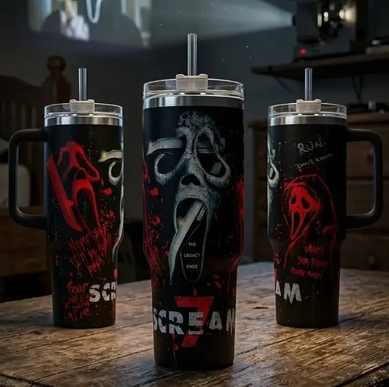 Ghostface Scream 7 Tumbler 40oz Movie Custom Cup 40 oz Tumbler With Handle, Leakproof Halloween Gift for Classic Horror Fans