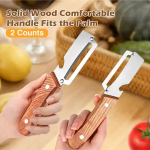 2 in 1 Vegetable Fruit Peeler with Bottle Opener, Stainless Steel Blade & Wooden Handle, Multi-Functional Kitchen Gadget