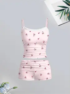 Women's All Over Print Cami Top & Shorts Two-piece Set, Casual Sleeveless Top & Shorts for Summer, Ladies Clothes for Daily Wear